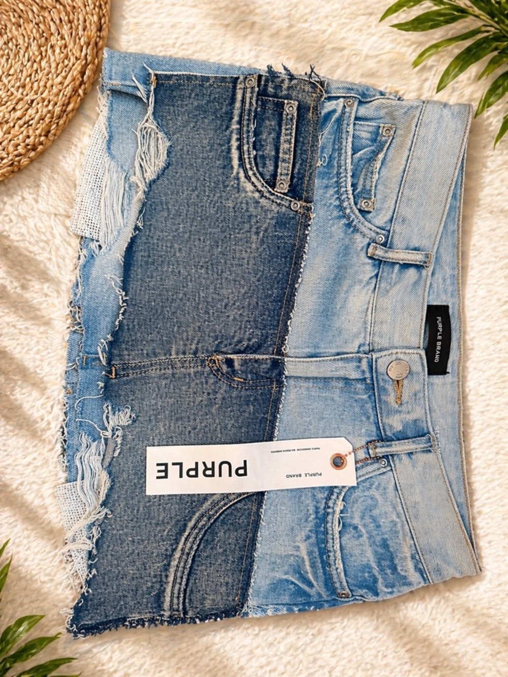 Purple Brand Two-Tone Distressed Denim Mini Skirt - Light & Dark Blue